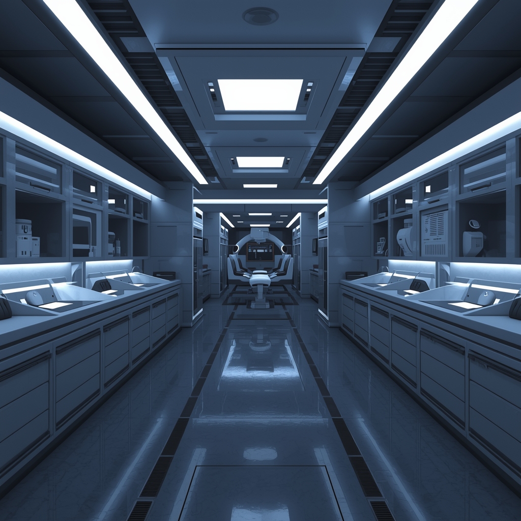 A modern, high-tech medical laboratory with sleek equipment and cool lighting, no people, photorealistic 8k